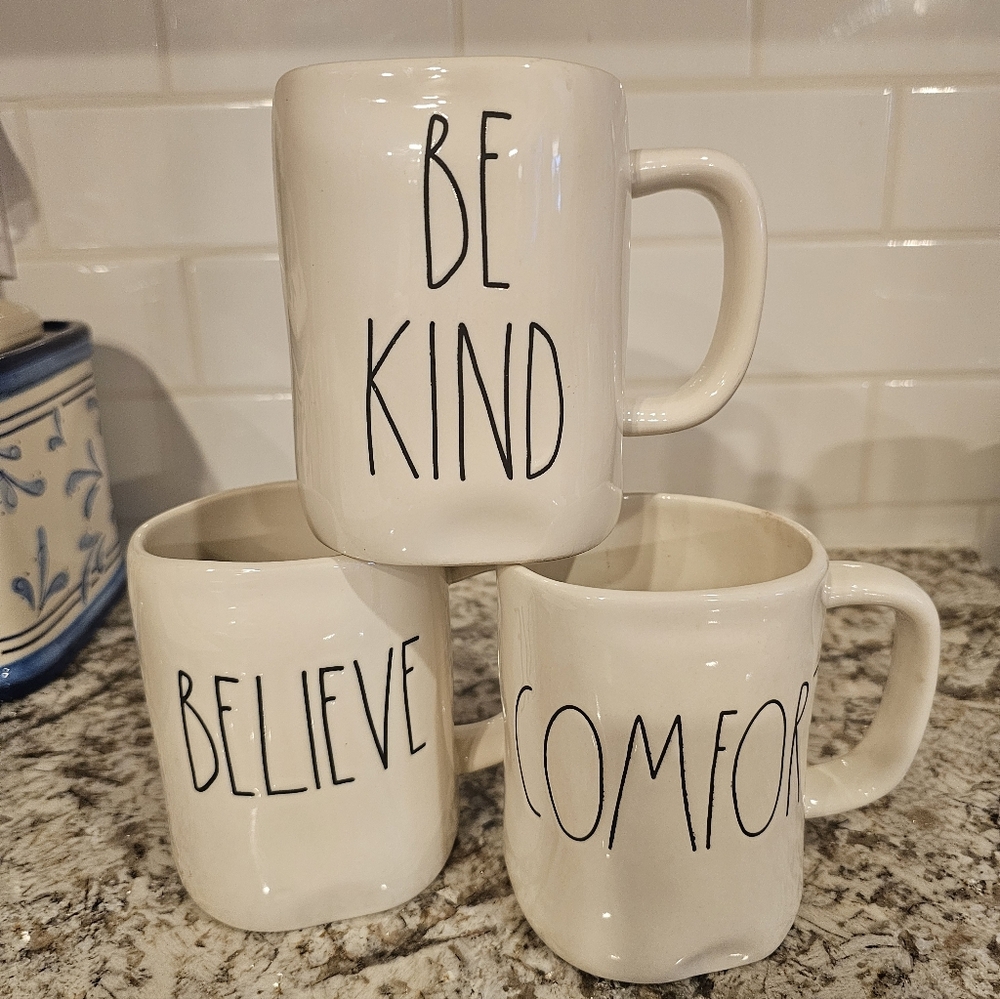 Rae Dunn Motivational Set "Be Kind" "Believe" "Comfort" Coffee Mug Cup Set